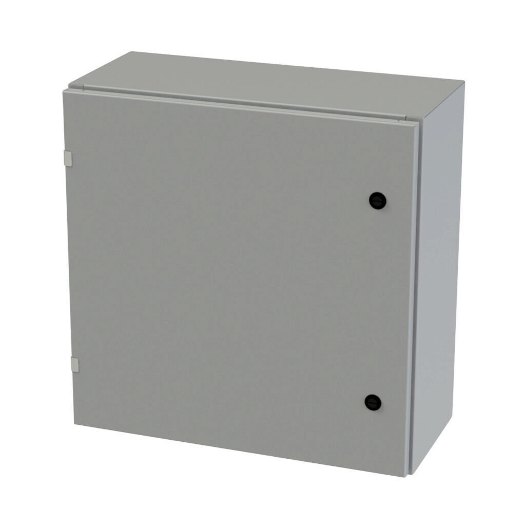 SCE-24EL2410LP - Saginaw Enviroline series enclosure, NEMA 3R/4/12/13, 24 x 24 x 10in (HxWxD), wall mount, carbon steel, ANSI 61 gray, powder coat finish, single-door, 1/4-turn semi-flush latch.