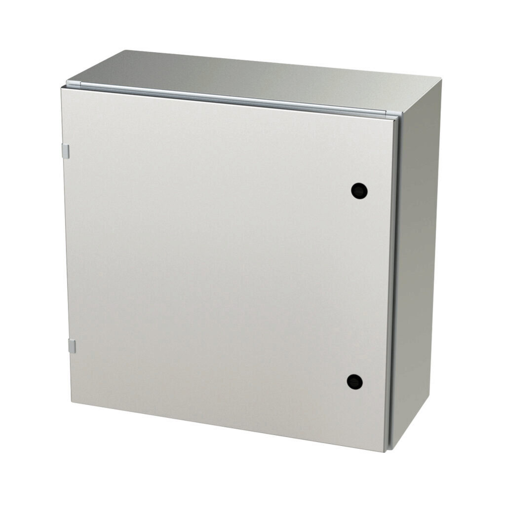 SCE-24EL2410SS6LP - Saginaw Enviroline series enclosure, NEMA 3R/4/4X/12/13, 24 x 24 x 10in (HxWxD), wall mount, 316L stainless steel, #4 brush finish, single-door, 1/4-turn semi-flush latch.