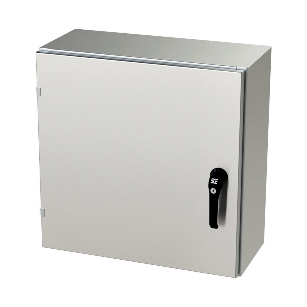 SCE-24EL2410SSLPPL - Saginaw Enviroline series enclosure, NEMA 3R/4/4X/12/13, 24 x 24 x 10in (HxWxD), wall mount, 304 stainless steel, #4 brush finish, single-door, 3-point keylocking/padlocking combo handle.