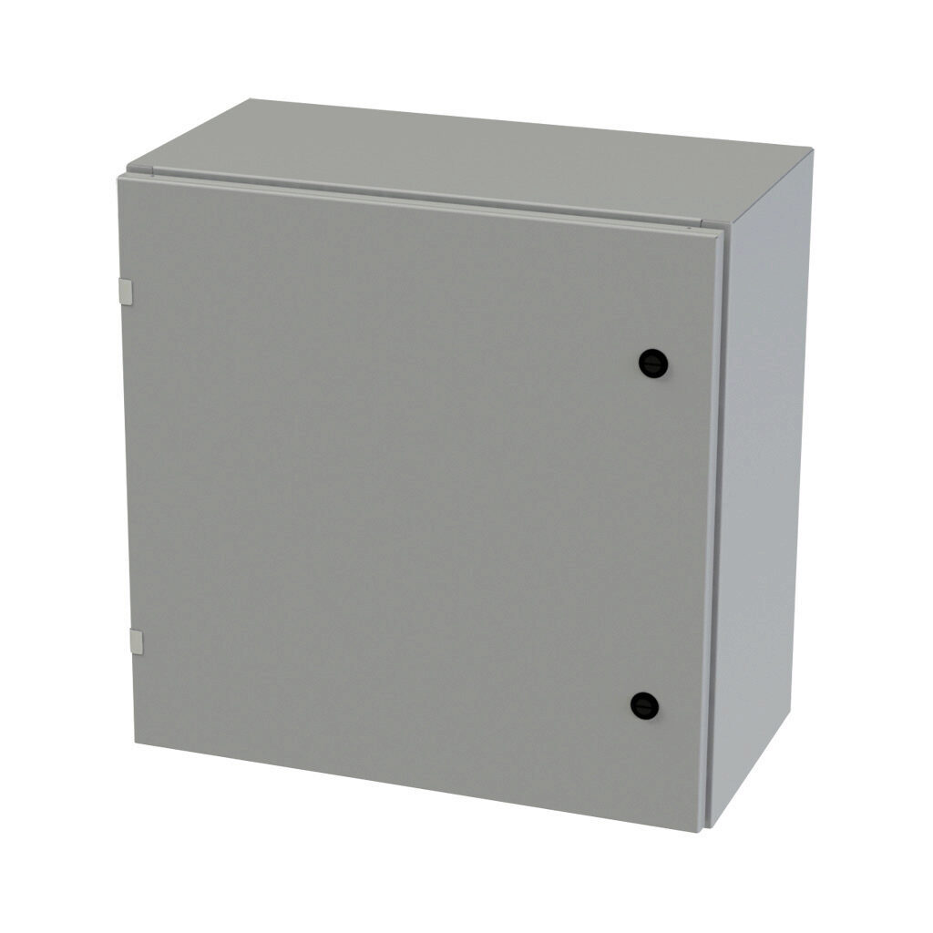SCE-24EL2412LP - Saginaw Enviroline series enclosure, NEMA 3R/4/12/13, 24 x 24 x 12in (HxWxD), wall mount, carbon steel, ANSI 61 gray, powder coat finish, single-door, 1/4-turn semi-flush latch.