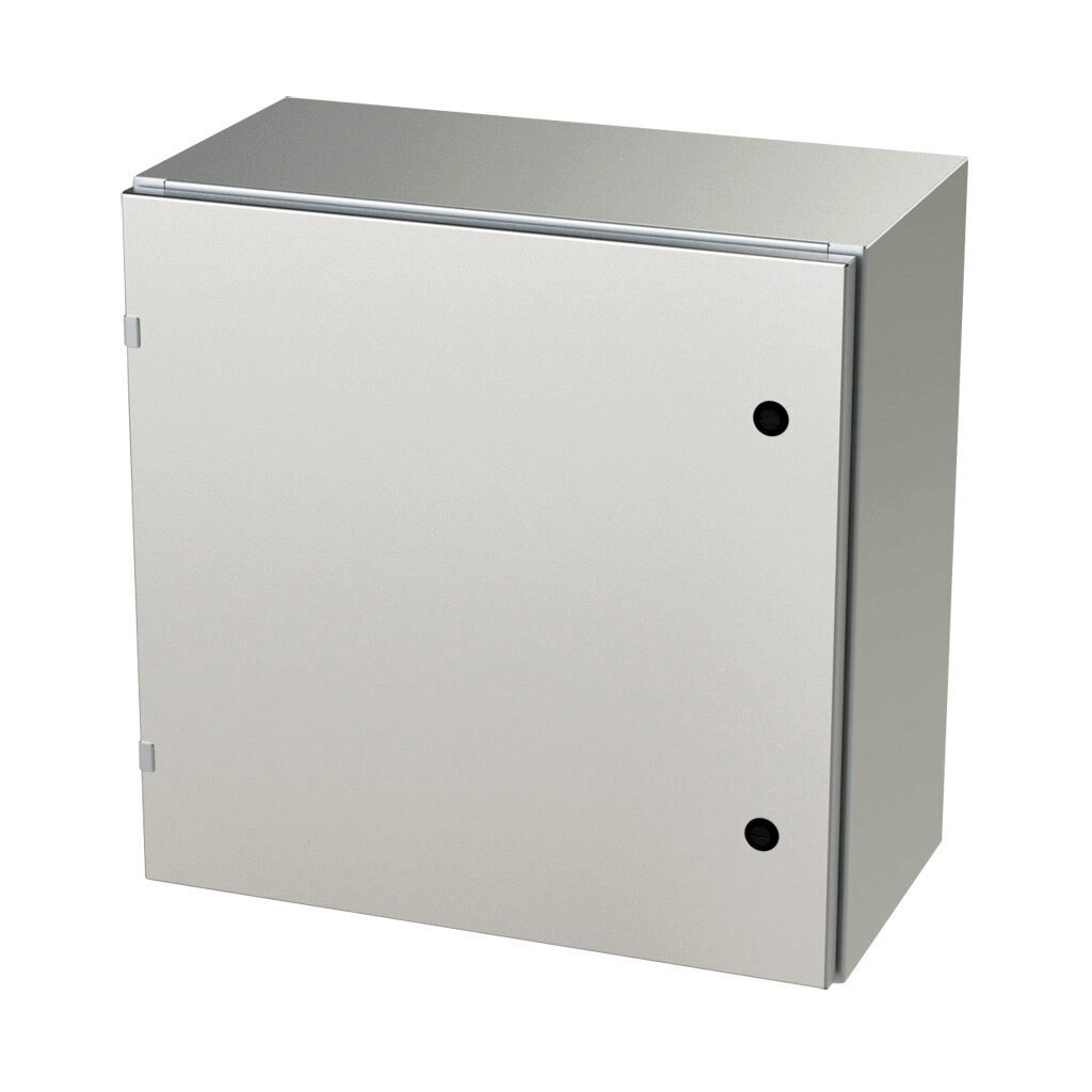 SCE-24EL2412SS6LP - Saginaw Enviroline series enclosure, NEMA 3R/4/4X/12/13, 24 x 24 x 12in (HxWxD), wall mount, 316L stainless steel, #4 brush finish, single-door, 1/4-turn semi-flush latch.