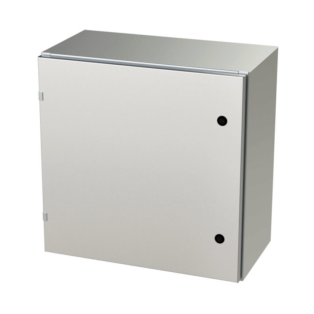SCE-24EL2412SSLP - Saginaw Enviroline series enclosure, NEMA 3R/4/4X/12/13, 24 x 24 x 12in (HxWxD), wall mount, 304 stainless steel, #4 brush finish, single-door, 1/4-turn semi-flush latch.
