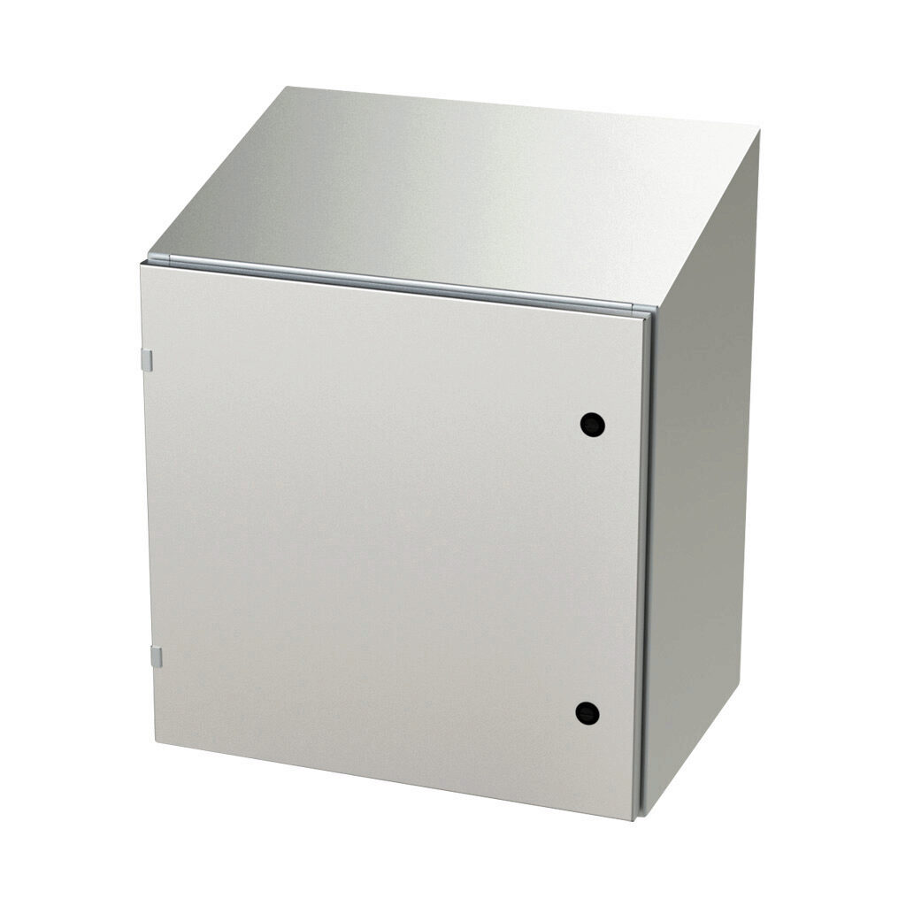 SCE-24EL2416SSST - Saginaw Enviroline series enclosure, slope top, NEMA 3R/4/4X/12/13, 24 x 24 x 16in (HxWxD), wall mount, 304 stainless steel, #4 brush finish, single-door, 1/4-turn semi-flush latch.