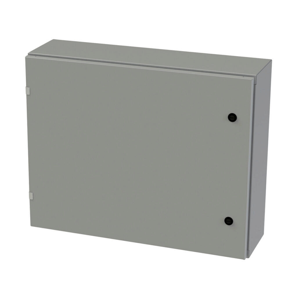SCE-24EL3008LP - Saginaw Enviroline series enclosure, NEMA 3R/4/12/13, 24 x 30 x 8in (HxWxD), wall mount, carbon steel, ANSI 61 gray, powder coat finish, single-door, 1/4-turn semi-flush latch.
