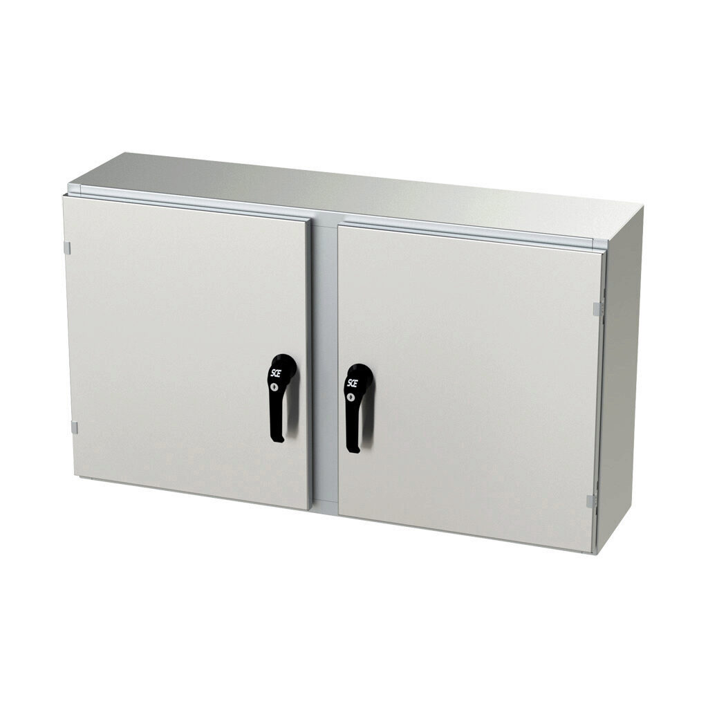 SCE-24EL4210SSWFLP - Saginaw Enviroline series enclosure, NEMA 3R/4/4X/12/13, 24 x 42 x 10in (HxWxD), wall mount, 304 stainless steel, #4 brush finish, 2-door, 3-point keylocking/padlocking combo handle.