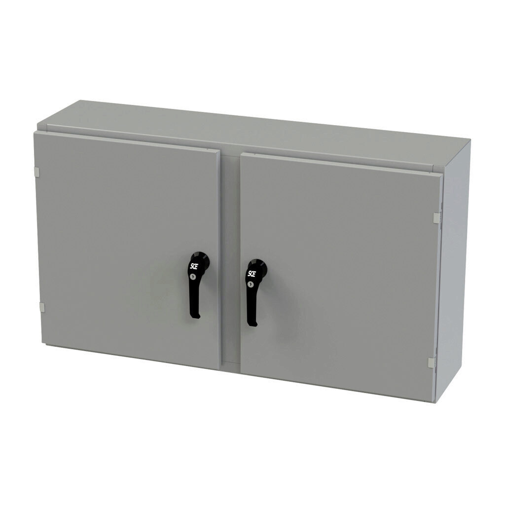 SCE-24EL4210WFLP - Saginaw Enviroline series enclosure, NEMA 3R/4/12/13, 24 x 42 x 10in (HxWxD), wall mount, carbon steel, ANSI 61 gray, powder coat finish, 2-door, 3-point keylocking/padlocking combo handle.