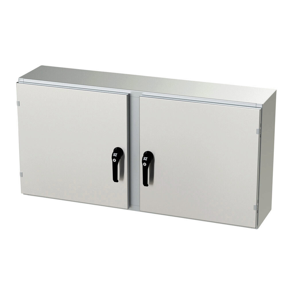 SCE-24EL4810SSWFLP - Saginaw Enviroline series enclosure, NEMA 3R/4/4X/12/13, 24 x 48 x 10in (HxWxD), wall mount, 304 stainless steel, #4 brush finish, 2-door, 3-point keylocking/padlocking combo handle.