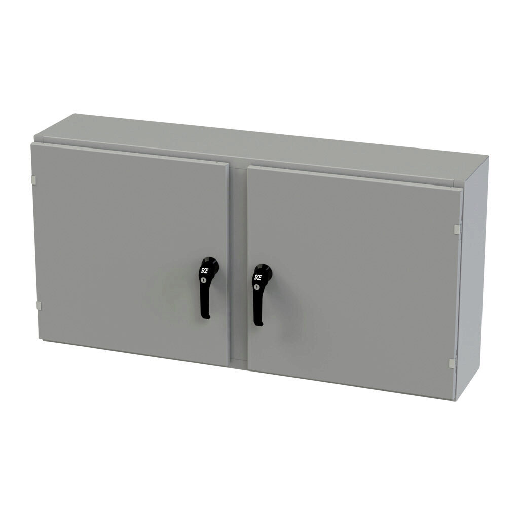 SCE-24EL4810WFLP - Saginaw Enviroline series enclosure, NEMA 3R/4/12/13, 24 x 48 x 10in (HxWxD), wall mount, carbon steel, ANSI 61 gray, powder coat finish, 2-door, 3-point keylocking/padlocking combo handle.