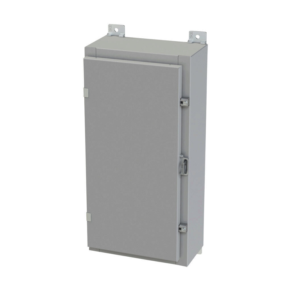 SCE-24H1206LP - Saginaw enclosure, NEMA 3R/4/12/13, 24 x 12 x 6in (HxWxD), wall mount, carbon steel, ANSI 61 gray, powder coat finish, single-door, plated steel clamps, padlock hasp and staple.
