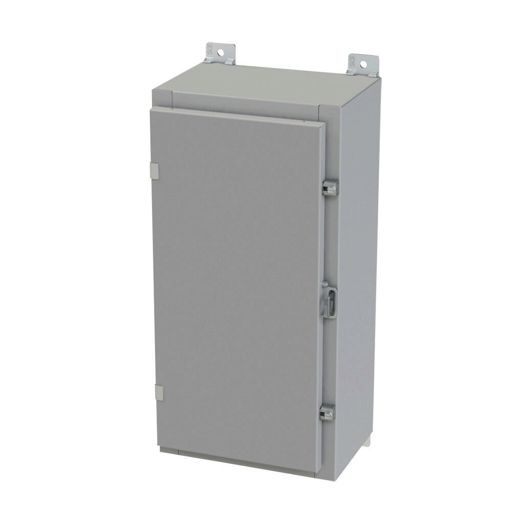 SCE-24H1208LP - Saginaw enclosure, NEMA 3R/4/12/13, 24 x 12 x 8in (HxWxD), wall mount, carbon steel, ANSI 61 gray, powder coat finish, single-door, plated steel clamps, padlock hasp and staple.