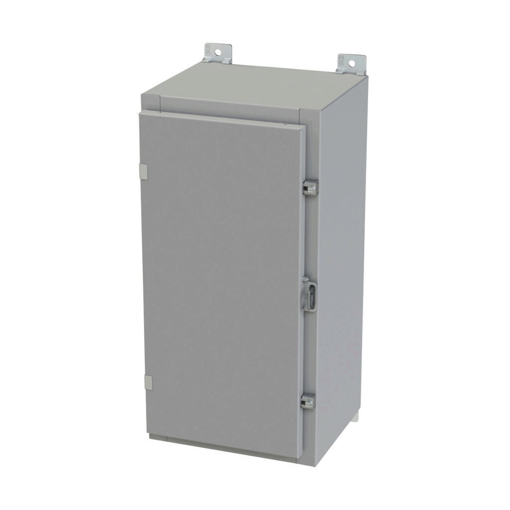 SCE-24H1210LP - Saginaw enclosure, NEMA 3R/4/12/13, 24 x 12 x 10in (HxWxD), wall mount, carbon steel, ANSI 61 gray, powder coat finish, single-door, plated steel clamps, padlock hasp and staple.