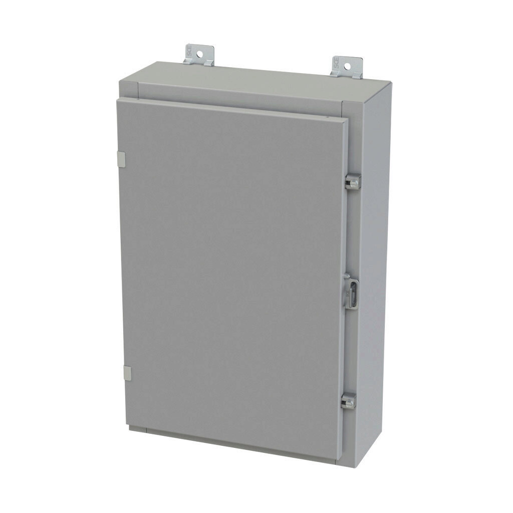 SCE-24H1606LP - Saginaw enclosure, NEMA 3R/4/12/13, 24 x 16 x 6in (HxWxD), wall mount, carbon steel, ANSI 61 gray, powder coat finish, single-door, plated steel clamps, padlock hasp and staple.