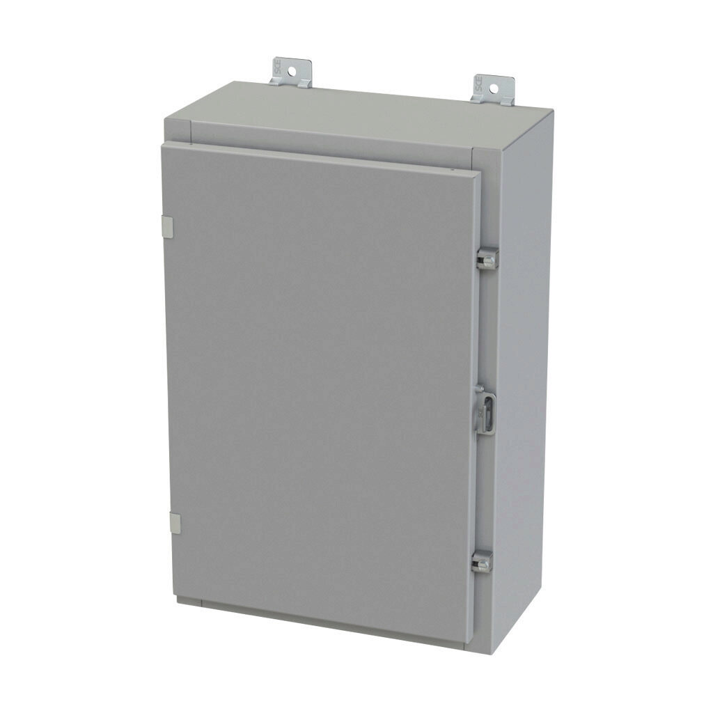 SCE-24H1608LP - Saginaw enclosure, NEMA 3R/4/12/13, 24 x 16 x 8in (HxWxD), wall mount, carbon steel, ANSI 61 gray, powder coat finish, single-door, plated steel clamps, padlock hasp and staple.
