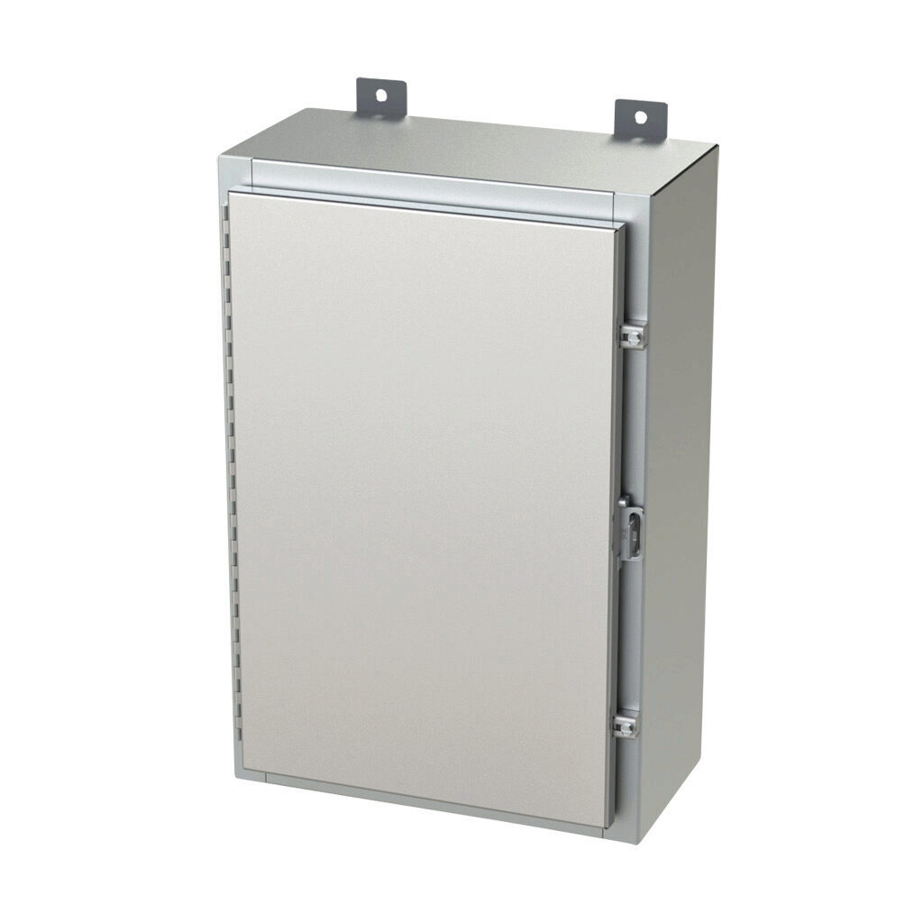 SCE-24H1608SS6LP - Saginaw enclosure, NEMA 3R/4/4X/12/13, 24 x 16 x 8in (HxWxD), wall mount, 316L stainless steel, #4 brush finish, single-door, stainless steel clamps, padlock hasp and staple.