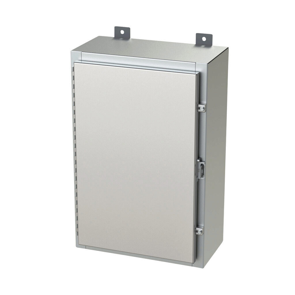 SCE-24H1608SSLP - Saginaw enclosure, NEMA 3R/4/4X/12/13, 24 x 16 x 8in (HxWxD), wall mount, 304 stainless steel, #4 brush finish, single-door, stainless steel clamps, padlock hasp and staple.