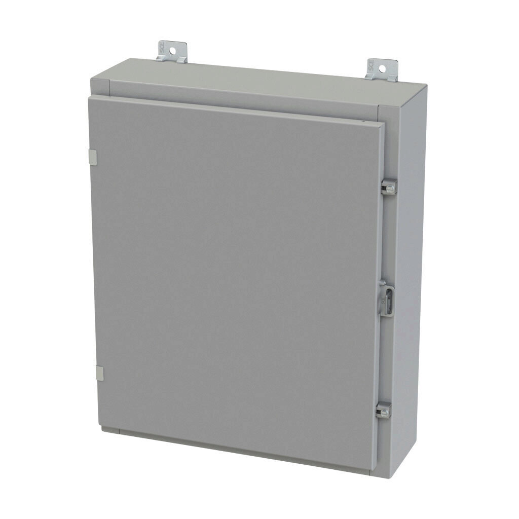 SCE-24H2006LP - Saginaw enclosure, NEMA 3R/4/12/13, 24 x 20 x 6in (HxWxD), wall mount, carbon steel, ANSI 61 gray, powder coat finish, single-door, plated steel clamps, padlock hasp and staple.