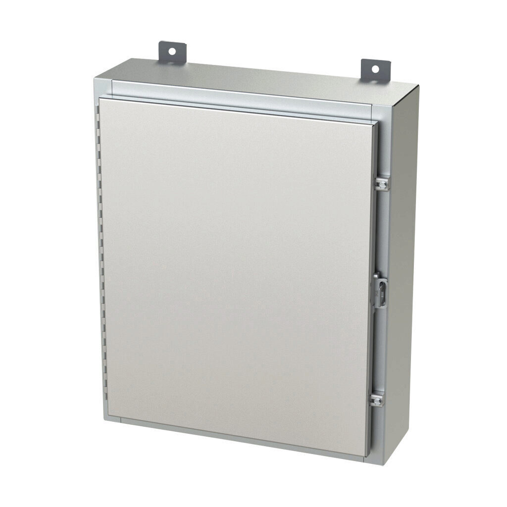 SCE-24H2006SS6LP - Saginaw enclosure, NEMA 3R/4/4X/12/13, 24 x 20 x 6in (HxWxD), wall mount, 316L stainless steel, #4 brush finish, single-door, stainless steel clamps, padlock hasp and staple.