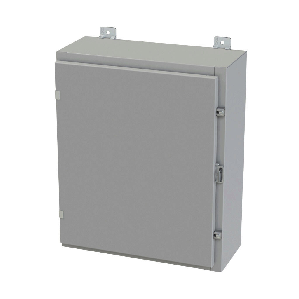 SCE-24H2008LP - Saginaw enclosure, NEMA 3R/4/12/13, 24 x 20 x 8in (HxWxD), wall mount, carbon steel, ANSI 61 gray, powder coat finish, single-door, plated steel clamps, padlock hasp and staple.