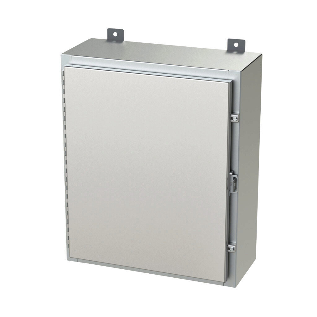 SCE-24H2008SSLP - Saginaw enclosure, NEMA 3R/4/4X/12/13, 24 x 20 x 8in (HxWxD), wall mount, 304 stainless steel, #4 brush finish, single-door, stainless steel clamps, padlock hasp and staple.
