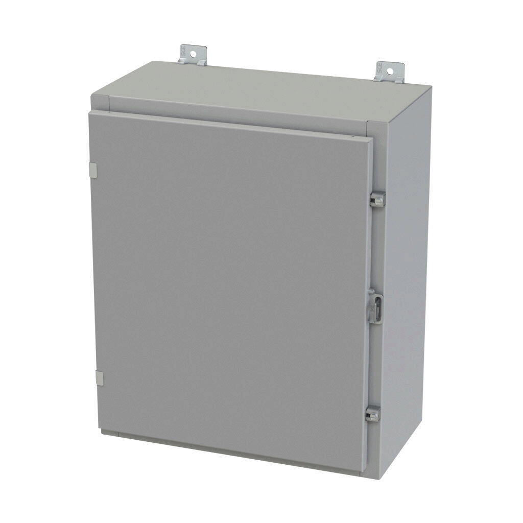 SCE-24H2010LP - Saginaw enclosure, NEMA 3R/4/12/13, 24 x 20 x 10in (HxWxD), wall mount, carbon steel, ANSI 61 gray, powder coat finish, single-door, plated steel clamps, padlock hasp and staple.