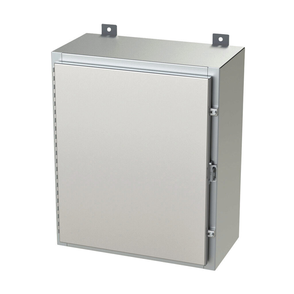SCE-24H2010SS6LP - Saginaw enclosure, NEMA 3R/4/4X/12/13, 24 x 20 x 10in (HxWxD), wall mount, 316L stainless steel, #4 brush finish, single-door, stainless steel clamps, padlock hasp and staple.
