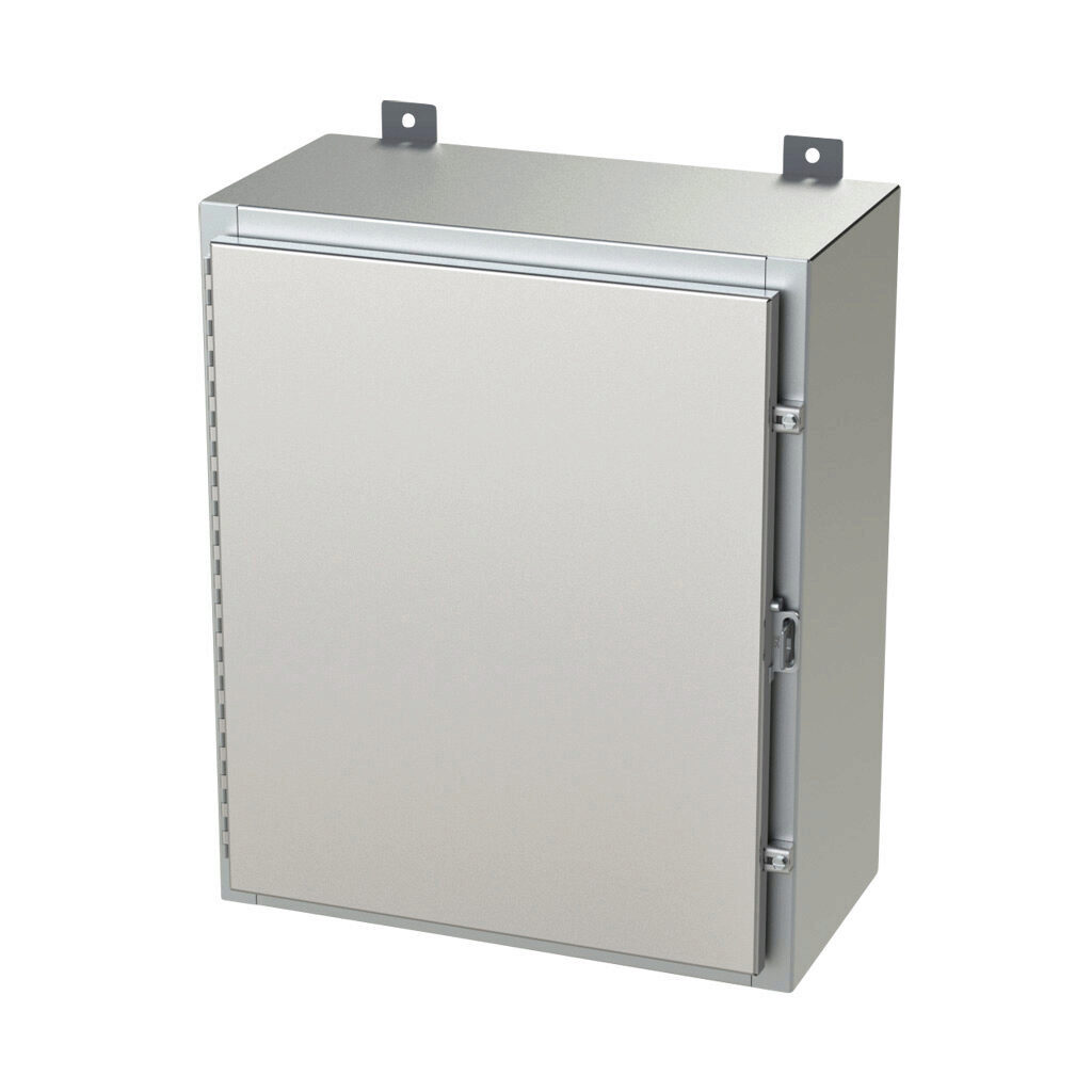 SCE-24H2010SSLP - Saginaw enclosure, NEMA 3R/4/4X/12/13, 24 x 20 x 10in (HxWxD), wall mount, 304 stainless steel, #4 brush finish, single-door, stainless steel clamps, padlock hasp and staple.