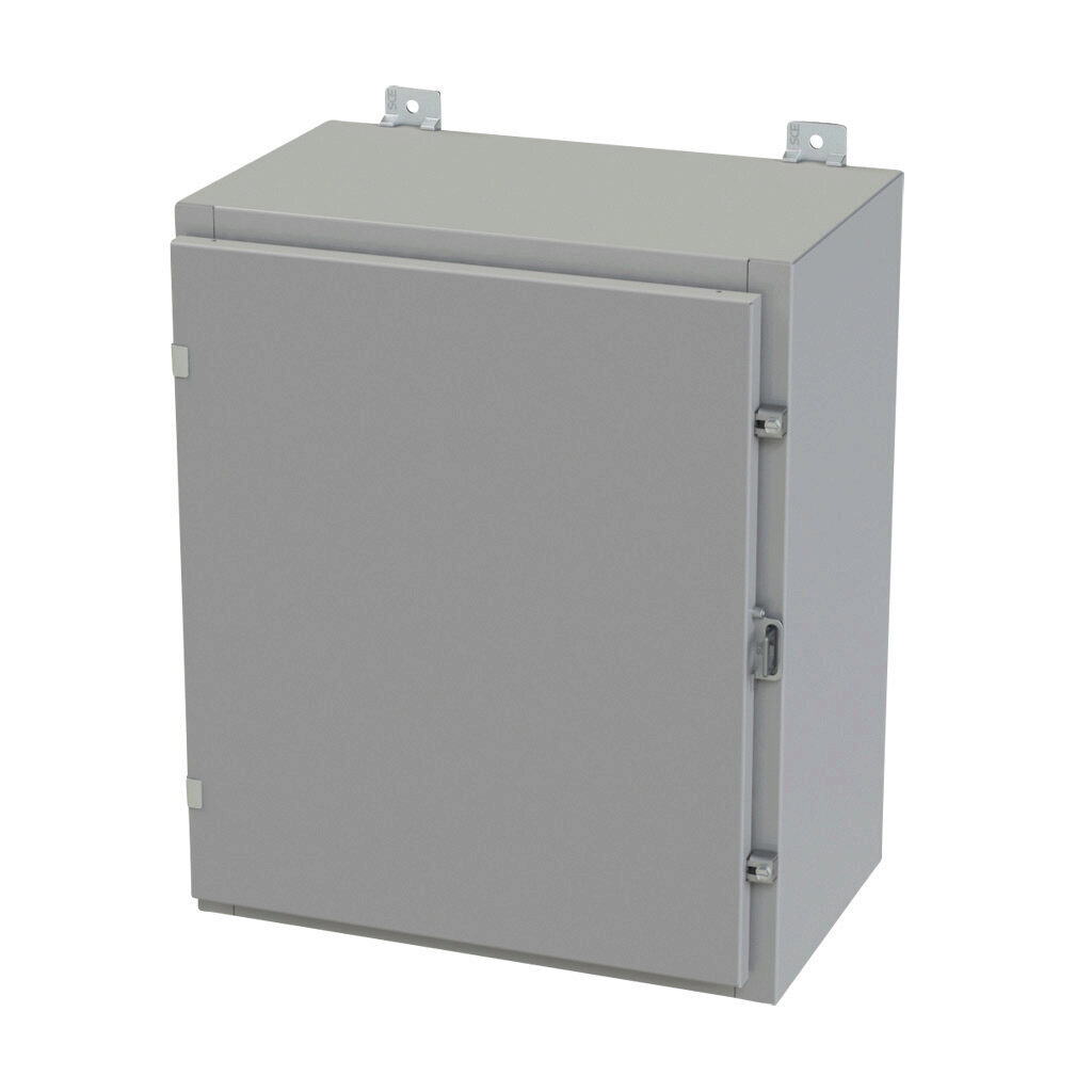 SCE-24H2012LP - Saginaw enclosure, NEMA 3R/4/12/13, 24 x 20 x 12in (HxWxD), wall mount, carbon steel, ANSI 61 gray, powder coat finish, single-door, plated steel clamps, padlock hasp and staple.