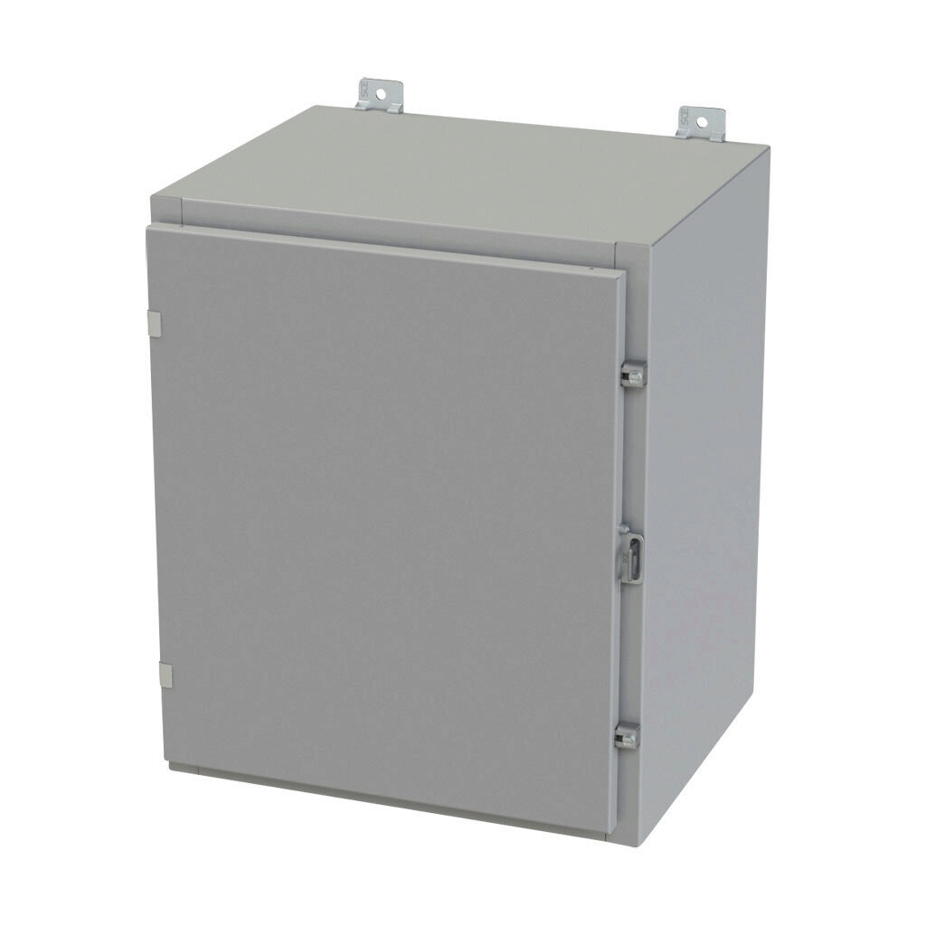 SCE-24H2016LP - Saginaw enclosure, NEMA 3R/4/12/13, 24 x 20 x 16in (HxWxD), wall mount, carbon steel, ANSI 61 gray, powder coat finish, single-door, plated steel clamps, padlock hasp and staple.
