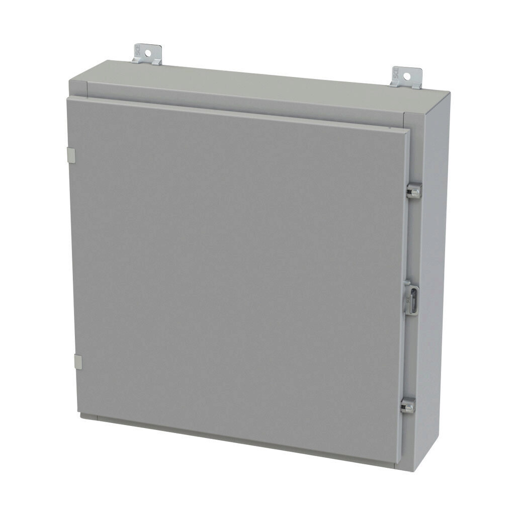 SCE-24H2406LP - Saginaw enclosure, NEMA 3R/4/12/13, 24 x 24 x 6in (HxWxD), wall mount, carbon steel, ANSI 61 gray, powder coat finish, single-door, plated steel clamps, padlock hasp and staple.