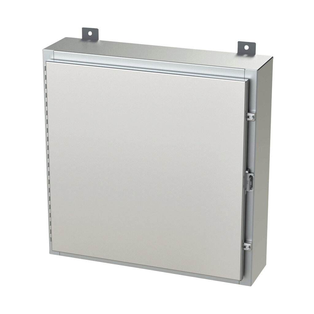 SCE-24H2406SSLP - Saginaw enclosure, NEMA 3R/4/4X/12/13, 24 x 24 x 6in (HxWxD), wall mount, 304 stainless steel, #4 brush finish, single-door, stainless steel clamps, padlock hasp and staple.