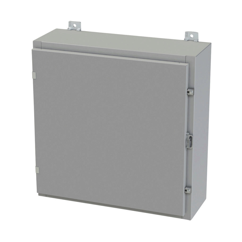 SCE-24H2408LP - Saginaw enclosure, NEMA 3R/4/12/13, 24 x 24 x 8in (HxWxD), wall mount, carbon steel, ANSI 61 gray, powder coat finish, single-door, plated steel clamps, padlock hasp and staple.