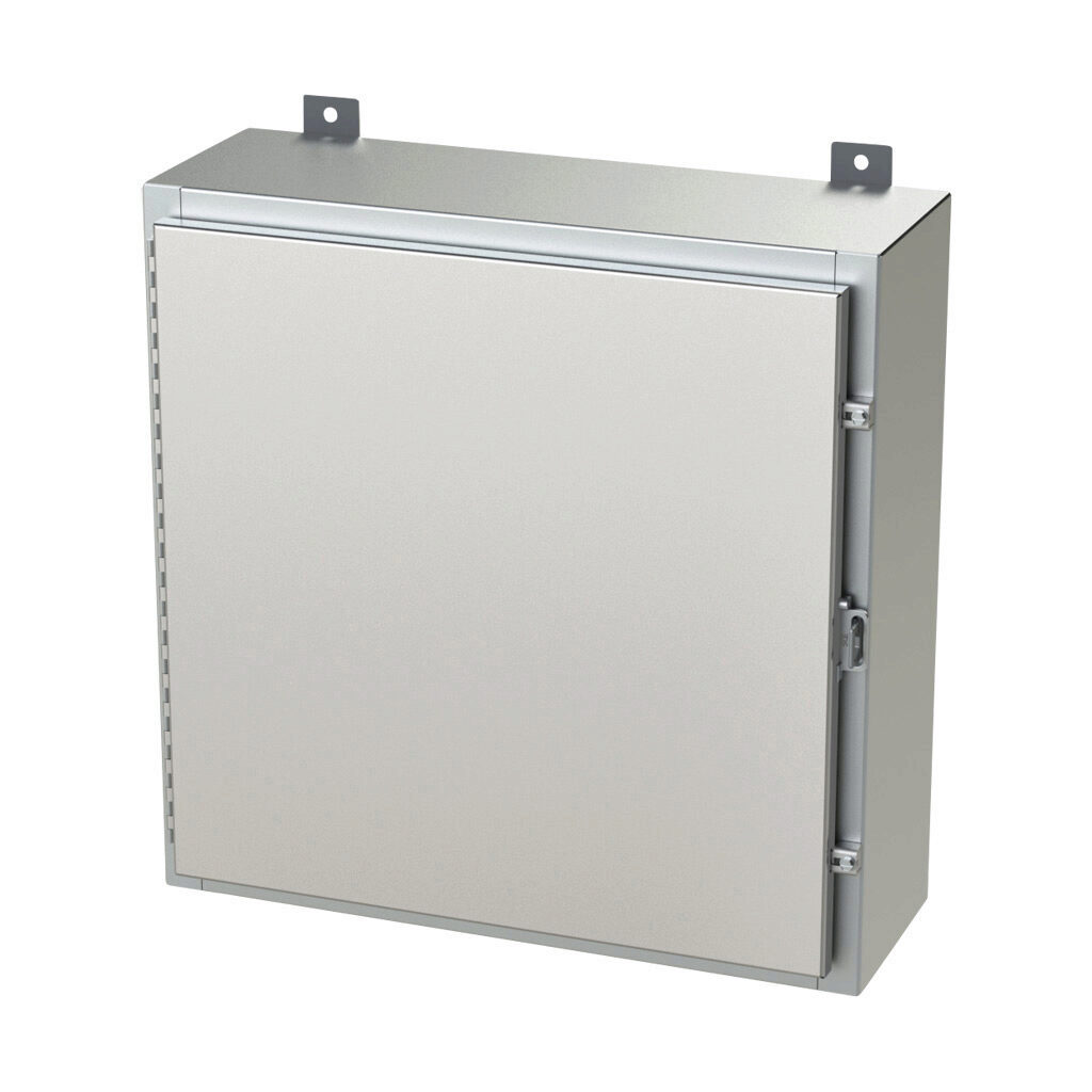 SCE-24H2408SS6LP - Saginaw enclosure, NEMA 3R/4/4X/12/13, 24 x 24 x 8in (HxWxD), wall mount, 316L stainless steel, #4 brush finish, single-door, stainless steel clamps, padlock hasp and staple.
