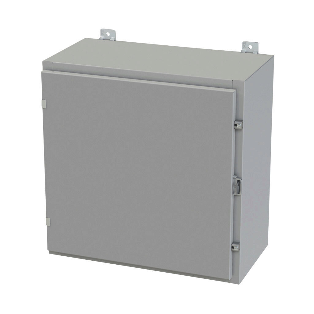 SCE-24H2412LP - Saginaw enclosure, NEMA 3R/4/12/13, 24 x 24 x 12in (HxWxD), wall mount, carbon steel, ANSI 61 gray, powder coat finish, single-door, plated steel clamps, padlock hasp and staple.