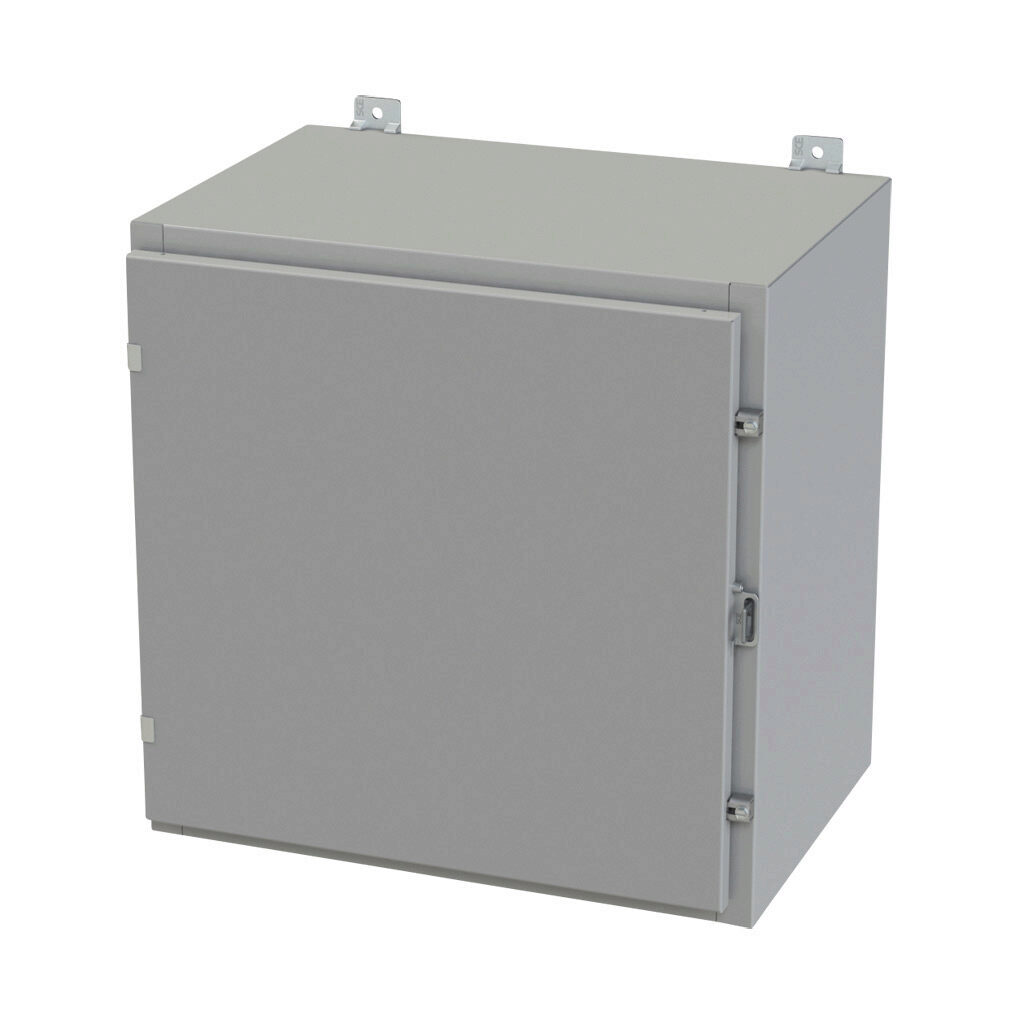 SCE-24H2416LP - Saginaw enclosure, NEMA 3R/4/12/13, 24 x 24 x 16in (HxWxD), wall mount, carbon steel, ANSI 61 gray, powder coat finish, single-door, plated steel clamps, padlock hasp and staple.