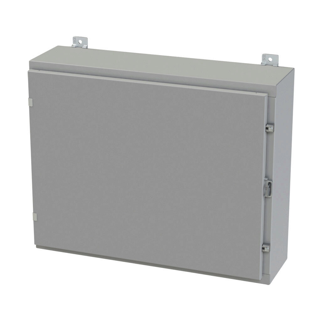 SCE-24H3008LP - Saginaw enclosure, NEMA 3R/4/12/13, 24 x 30 x 8in (HxWxD), wall mount, carbon steel, ANSI 61 gray, powder coat finish, single-door, plated steel clamps, padlock hasp and staple.