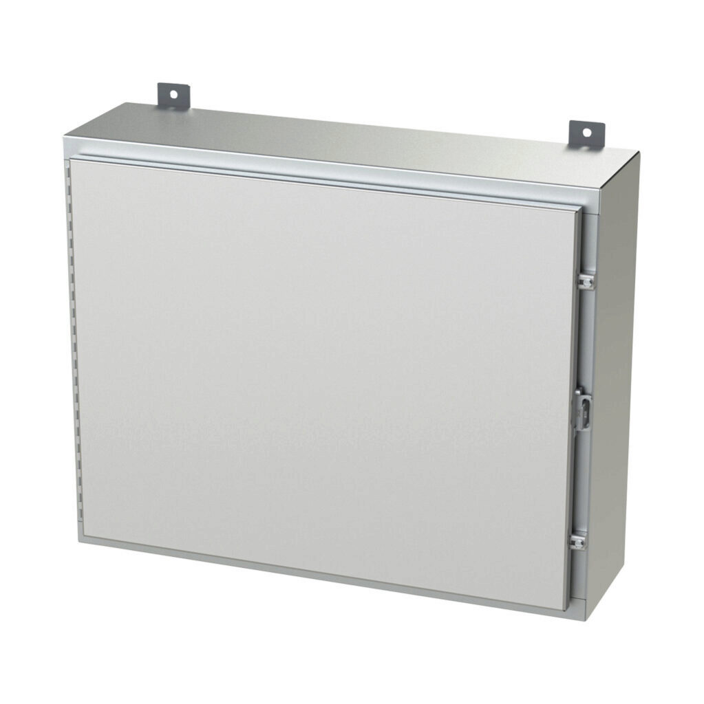 SCE-24H3008SS6LP - Saginaw enclosure, NEMA 3R/4/4X/12/13, 24 x 30 x 8in (HxWxD), wall mount, 316L stainless steel, #4 brush finish, single-door, stainless steel clamps, padlock hasp and staple.
