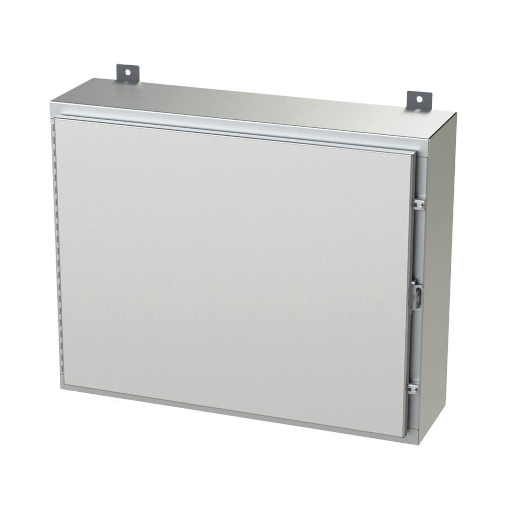 SCE-24H3008SSLP - Saginaw enclosure, NEMA 3R/4/4X/12/13, 24 x 30 x 8in (HxWxD), wall mount, 304 stainless steel, #4 brush finish, single-door, stainless steel clamps, padlock hasp and staple.