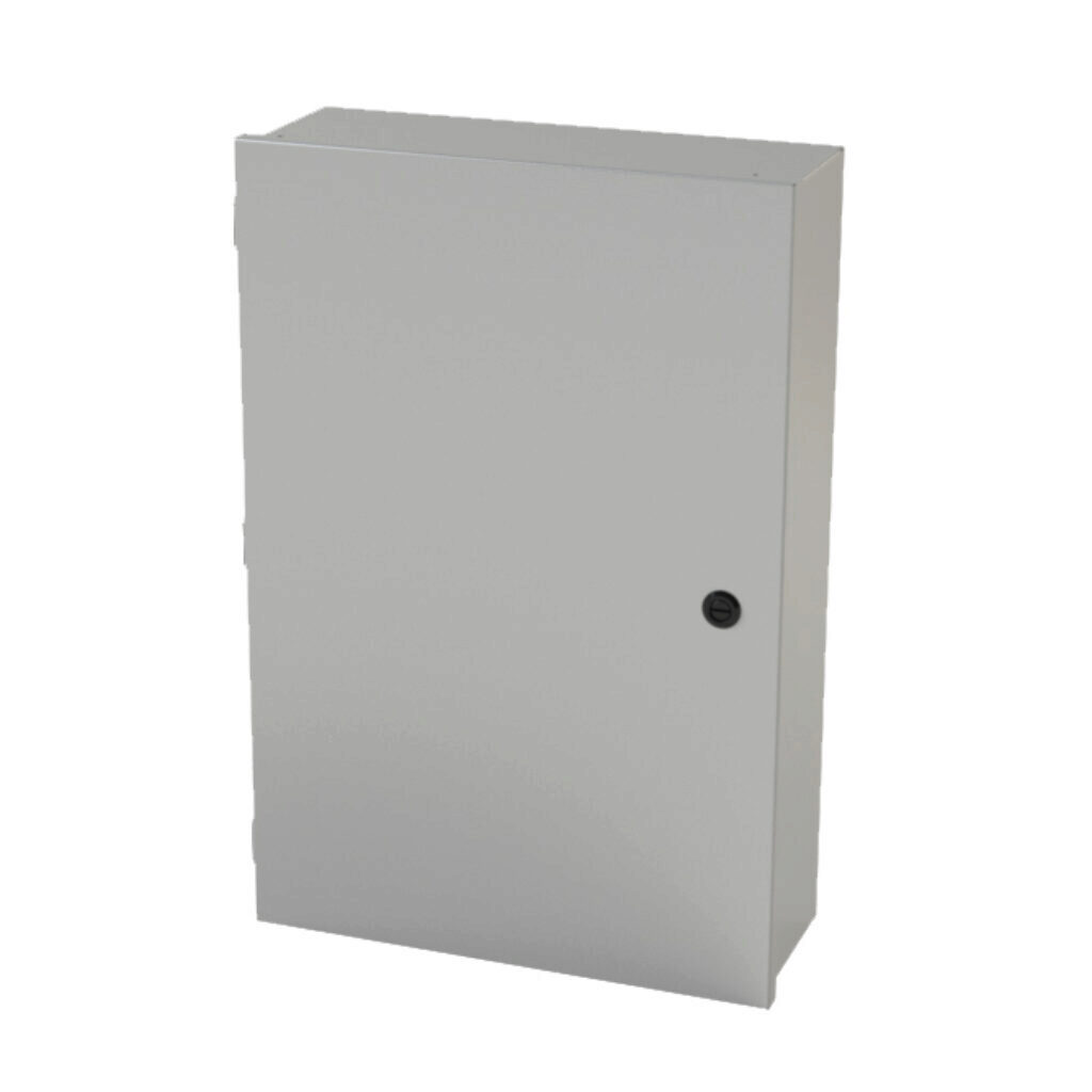 SCE-24N1606LP - Saginaw enclosure, NEMA 1, 24 x 16 x 6in (HxWxD), wall mount, carbon steel, ANSI 61 gray, powder coat finish, single-door, 1/4-turn semi-flush latch.