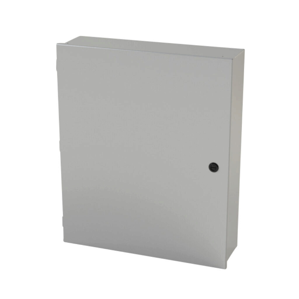 SCE-24N2006LP - Saginaw enclosure, NEMA 1, 24 x 20 x 6in (HxWxD), wall mount, carbon steel, ANSI 61 gray, powder coat finish, single-door, 1/4-turn semi-flush latch.