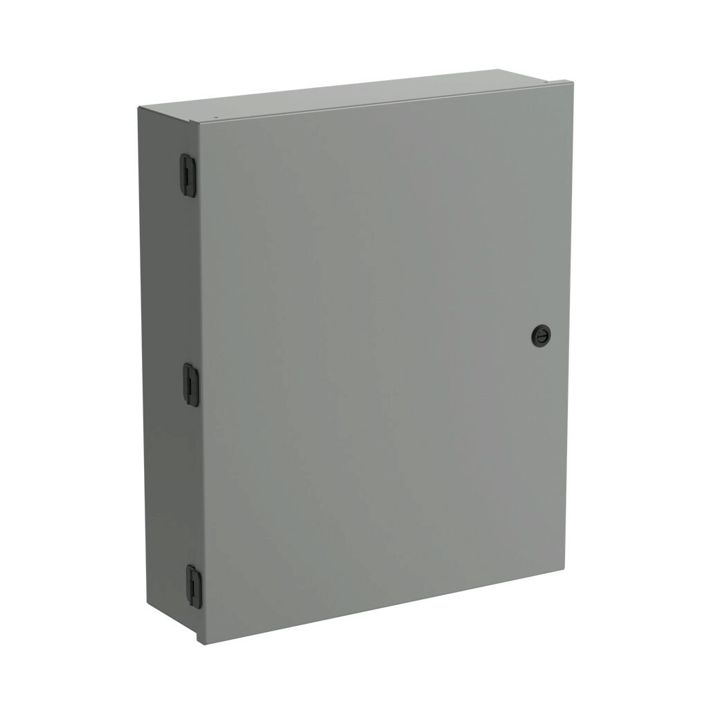 SCE-24N2006NKLP - Saginaw enclosure, NEMA 1, 24 x 20 x 6in (HxWxD), wall mount, with knockouts, carbon steel, ANSI 61 gray, powder coat finish, single-door, 1/4-turn semi-flush latch.