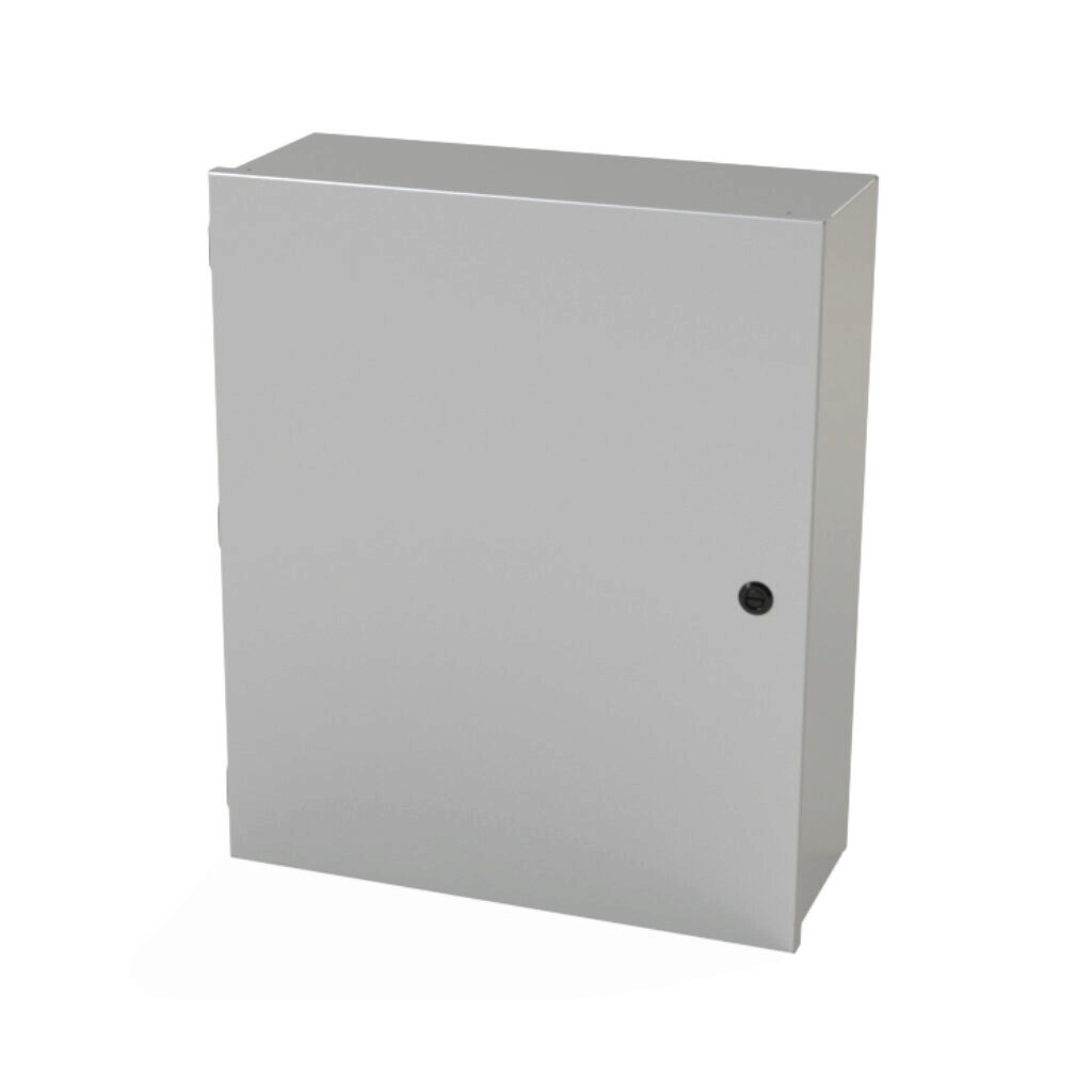 SCE-24N2008LP - Saginaw enclosure, NEMA 1, 24 x 20 x 8in (HxWxD), wall mount, carbon steel, ANSI 61 gray, powder coat finish, single-door, 1/4-turn semi-flush latch.