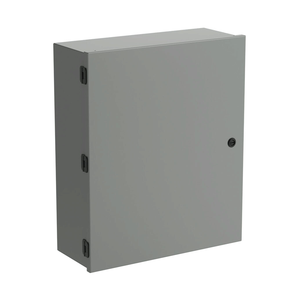 SCE-24N2008NKLP - Saginaw enclosure, NEMA 1, 24 x 20 x 8in (HxWxD), wall mount, with knockouts, carbon steel, ANSI 61 gray, powder coat finish, single-door, 1/4-turn semi-flush latch.