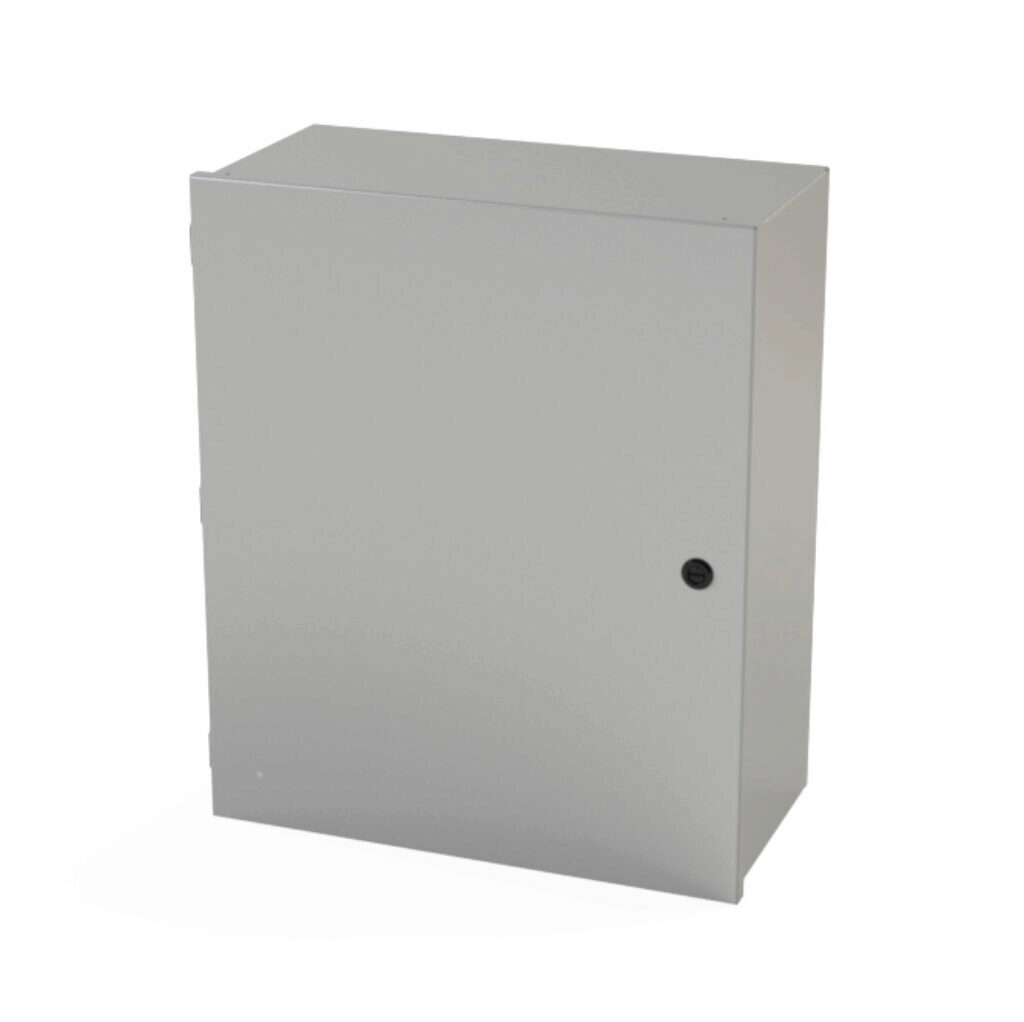 SCE-24N2010LP - Saginaw enclosure, NEMA 1, 24 x 20 x 10in (HxWxD), wall mount, carbon steel, ANSI 61 gray, powder coat finish, single-door, 1/4-turn semi-flush latch.