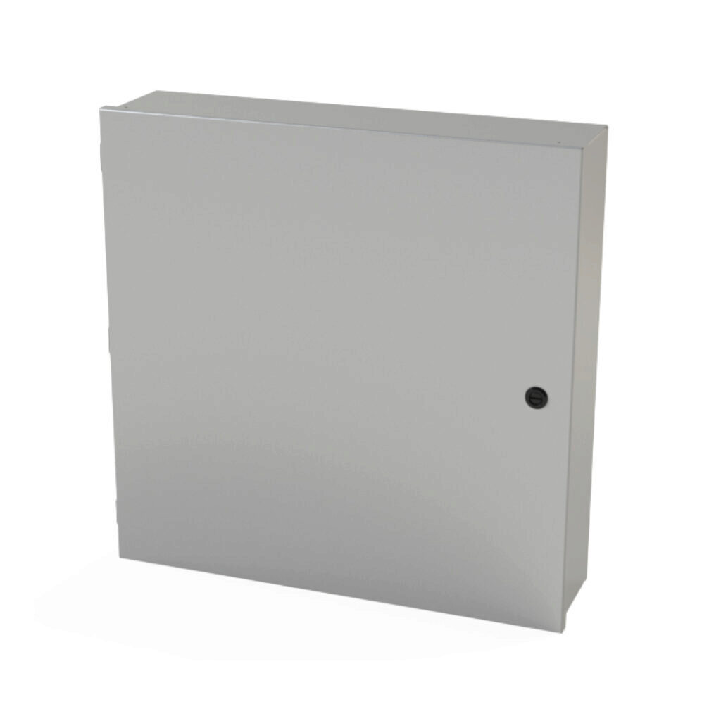 SCE-24N2406LP - Saginaw enclosure, NEMA 1, 24 x 24 x 6in (HxWxD), wall mount, carbon steel, ANSI 61 gray, powder coat finish, single-door, 1/4-turn semi-flush latch.