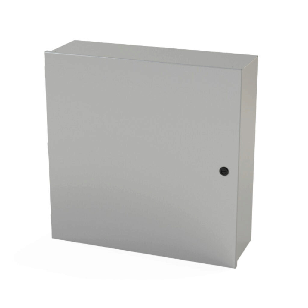 SCE-24N2408LP - Saginaw enclosure, NEMA 1, 24 x 24 x 8in (HxWxD), wall mount, carbon steel, ANSI 61 gray, powder coat finish, single-door, 1/4-turn semi-flush latch.