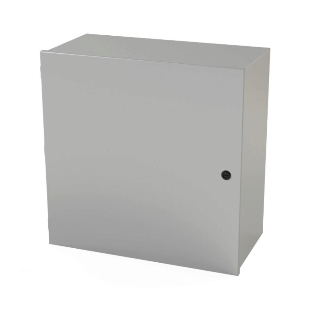 SCE-24N2412LP - Saginaw enclosure, NEMA 1, 24 x 24 x 12in (HxWxD), wall mount, carbon steel, ANSI 61 gray, powder coat finish, single-door, 1/4-turn semi-flush latch.