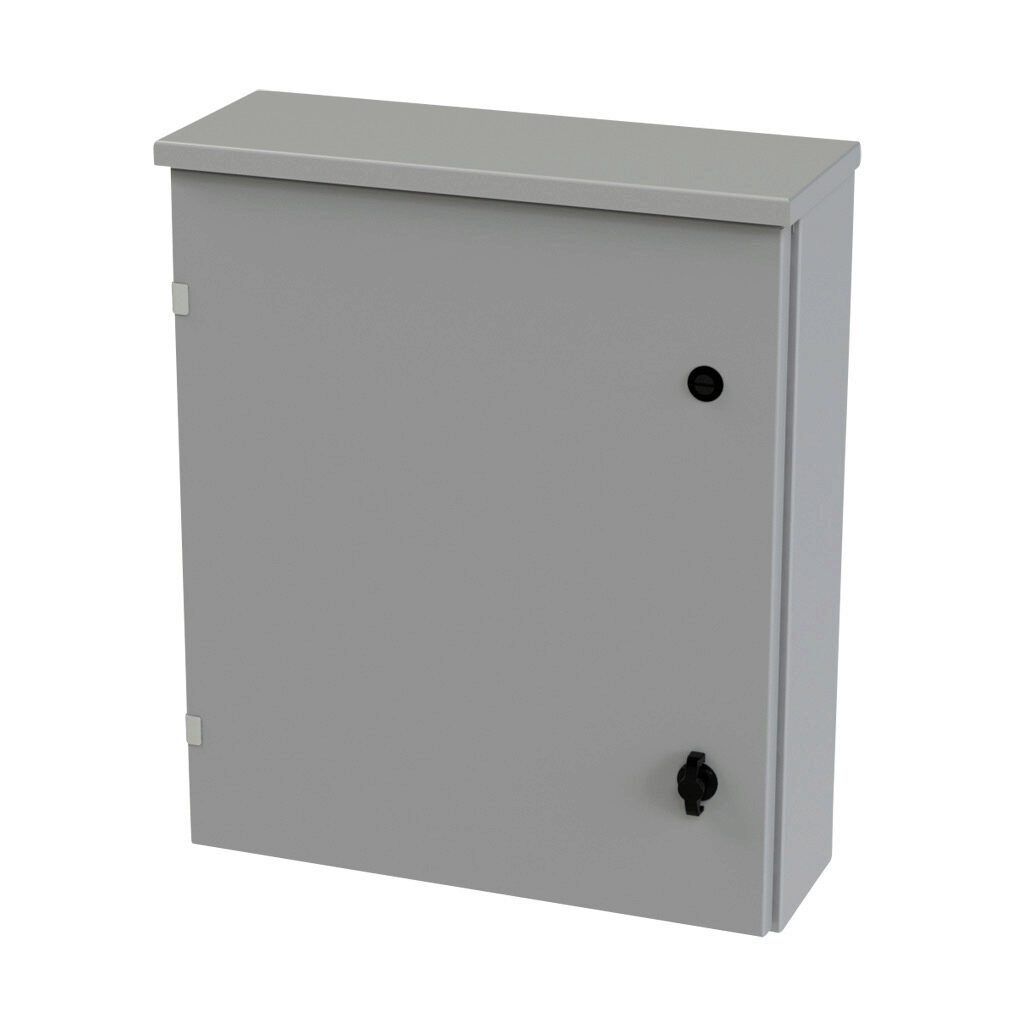 SCE-24R2006LP - Saginaw enclosure, NEMA 3R, 24 x 20 x 6in (HxWxD), wall mount, carbon steel, ANSI 61 gray, powder coat finish, single-door, 1/4-turn padlocking wing handle.