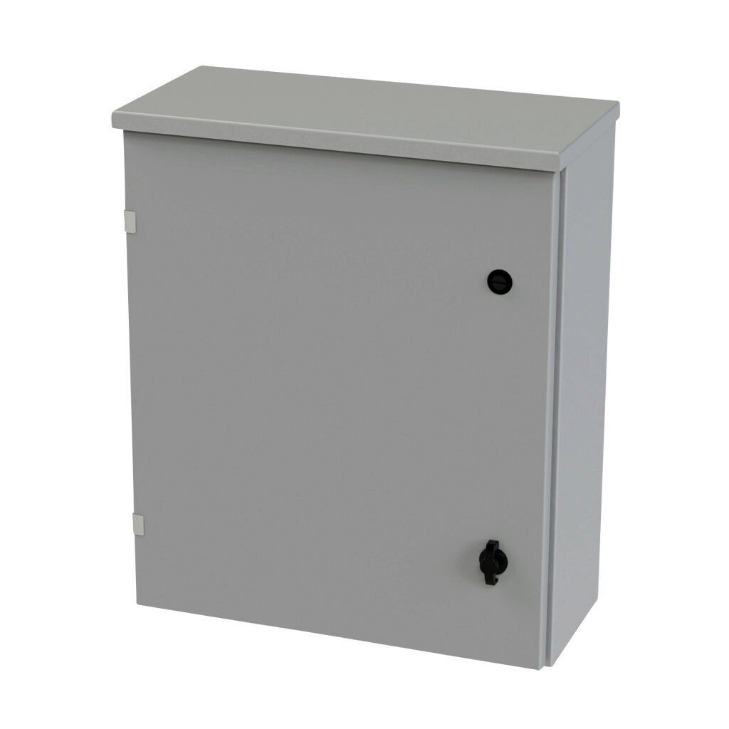 SCE-24R2008LP - Saginaw enclosure, NEMA 3R, 24 x 20 x 8in (HxWxD), wall mount, carbon steel, ANSI 61 gray, powder coat finish, single-door, 1/4-turn padlocking wing handle.