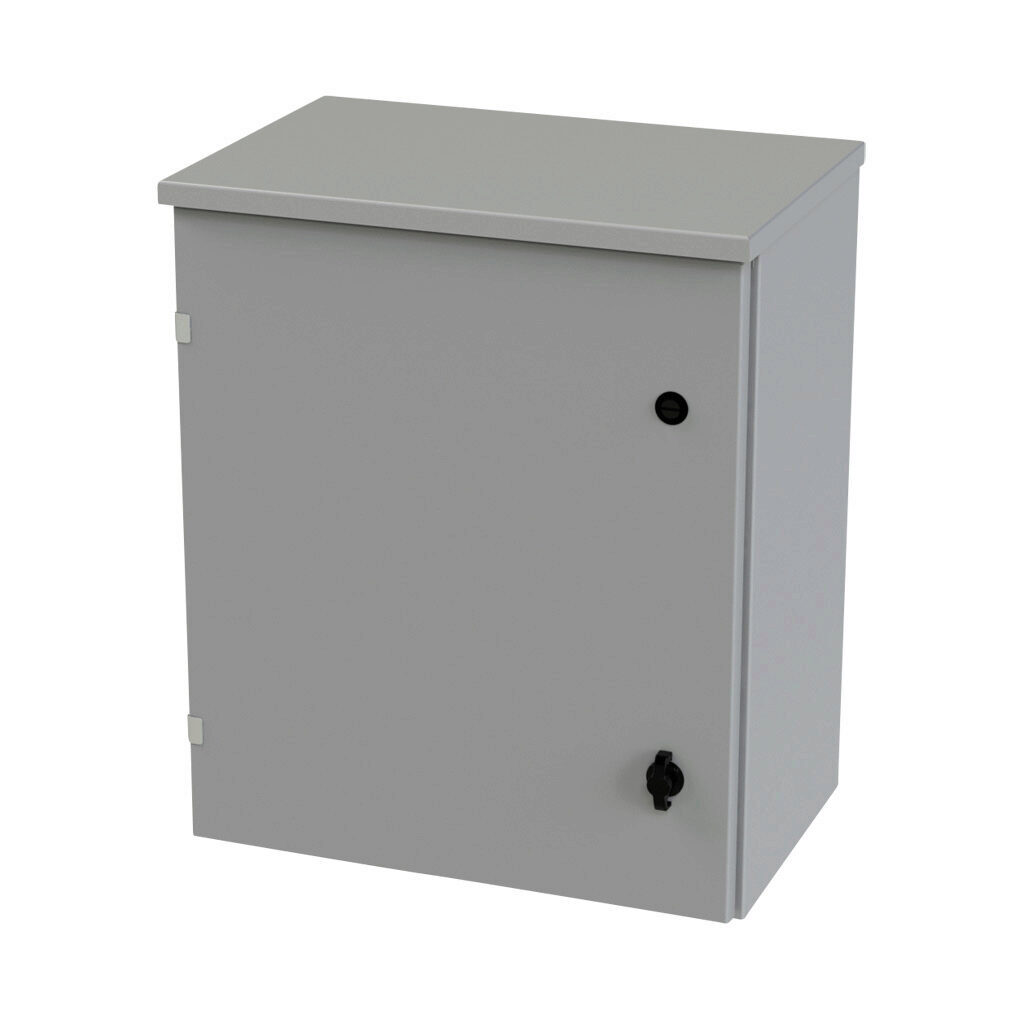 SCE-24R2012LP - Saginaw enclosure, NEMA 3R, 24 x 20 x 12in (HxWxD), wall mount, carbon steel, ANSI 61 gray, powder coat finish, single-door, 1/4-turn padlocking wing handle.