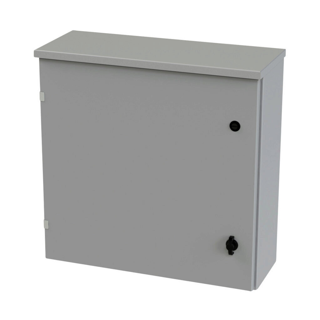 SCE-24R2408LP - Saginaw enclosure, NEMA 3R, 24 x 24 x 8in (HxWxD), wall mount, carbon steel, ANSI 61 gray, powder coat finish, single-door, 1/4-turn padlocking wing handle.